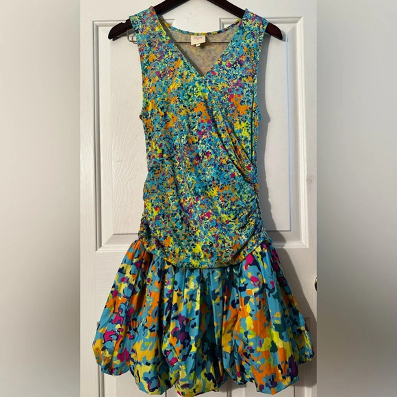 ANTHROPOLOGIE Plenty Tracy Reese Wrap V-Neck Bubble Dress SM Blue Motif MONET - Picture 3 of 16